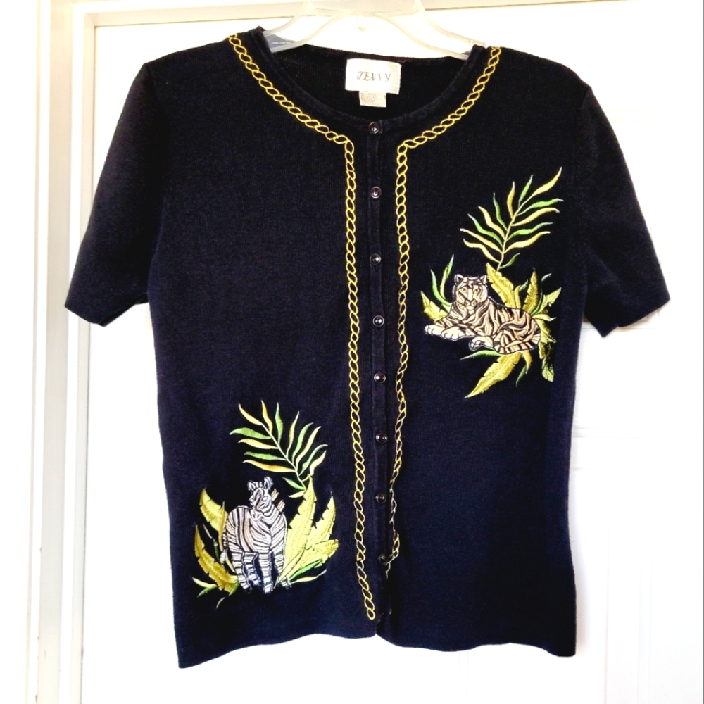 Jenny Short Sleeve Button-down Cardigan w Zebra and Tiger Applique Embroidery